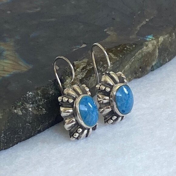 Sterling Silver 925 Thai Oval Bezel Set Denim Lapis Dangle Drop Earrings - Picture 16 of 16